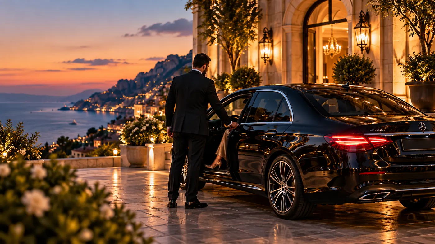 Un autista in abito scuro apre la portiera di una Mercedes nera davanti a un hotel, di sera