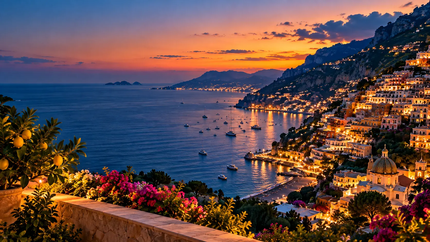 La costiera al tramonto, con le luci dei paesi sul mare