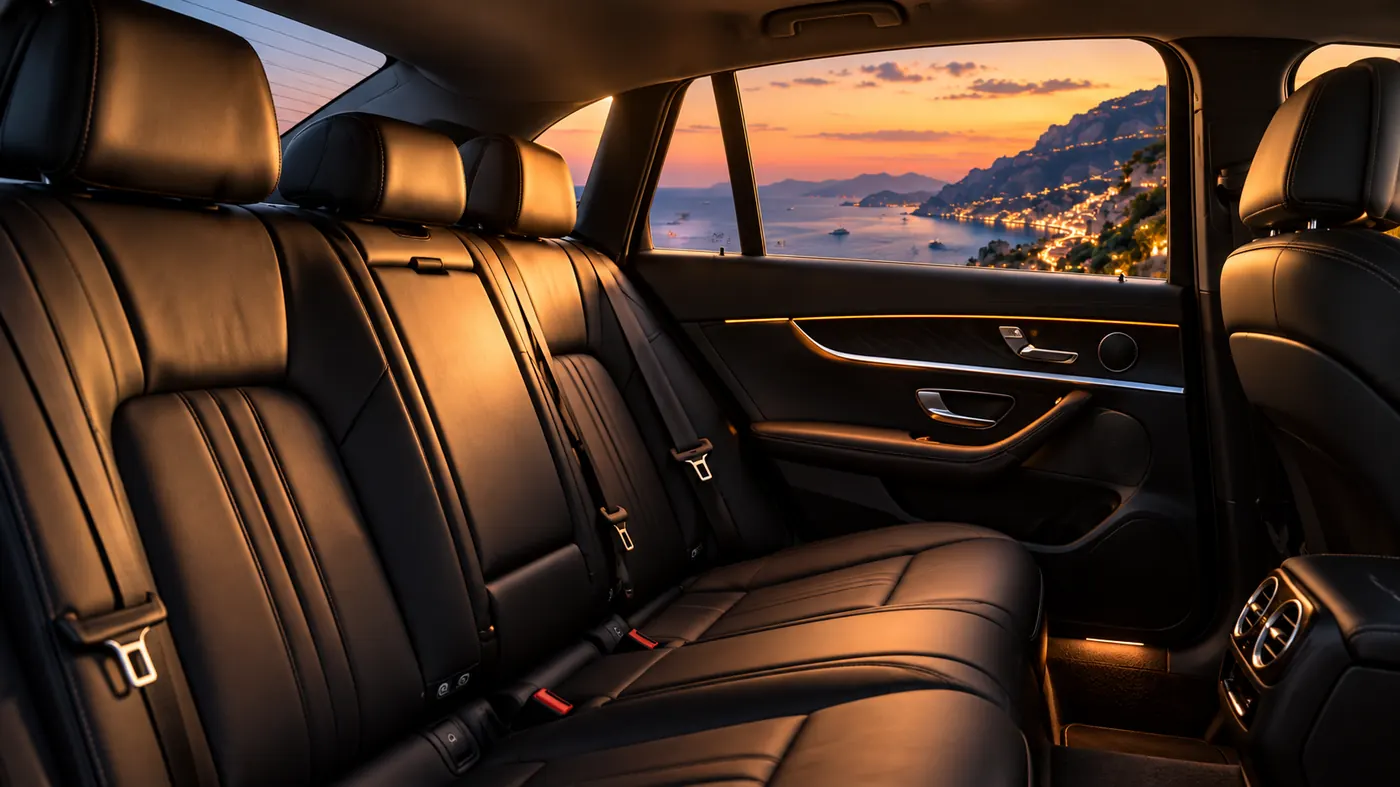 I sedili posteriori in pelle di una Mercedes Classe E, con la costiera al tramonto dal finestrino
