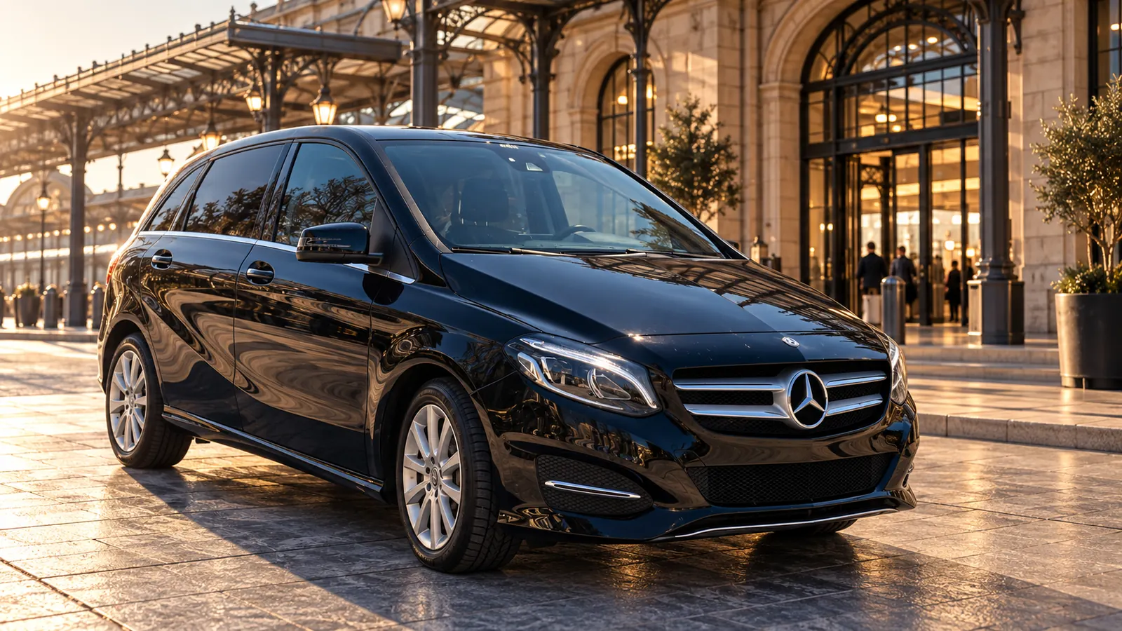 Una Mercedes Classe B nera davanti all'ingresso di una stazione, di sera