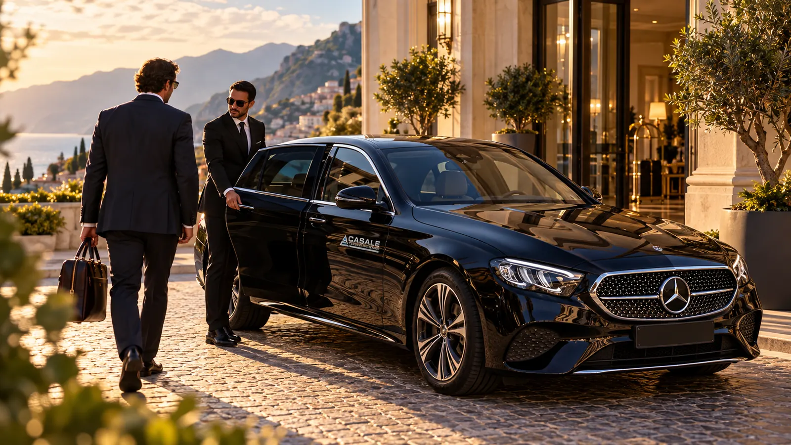 Un autista accompagna un uomo d'affari alla Mercedes Classe E nera, davanti a un hotel