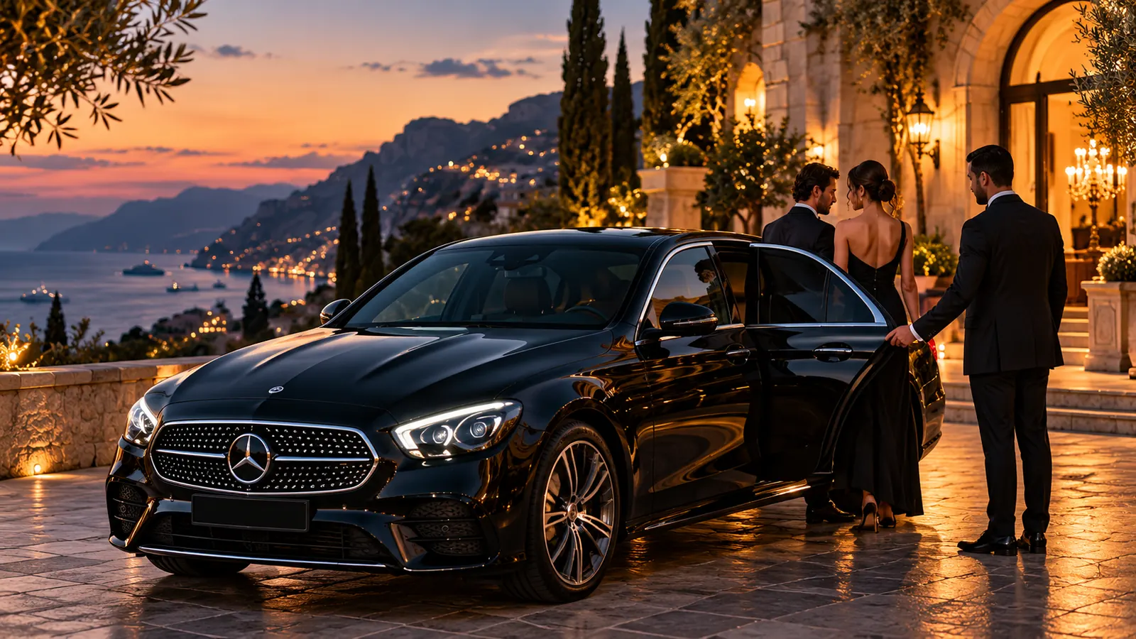 Una Mercedes Classe E nera davanti a un hotel sulla costiera, con due ospiti in abito da sera
