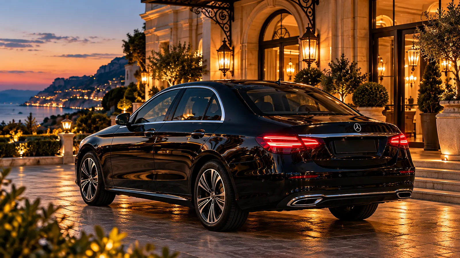 Una Mercedes Classe E nera davanti a un hotel sulla costiera, di sera