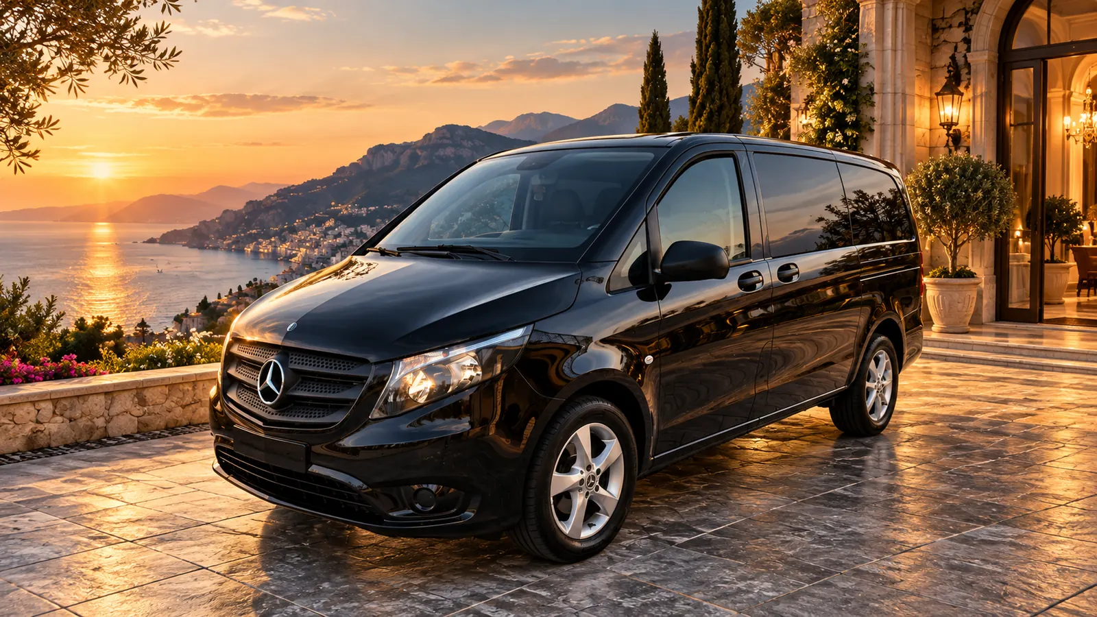 Un Mercedes Vito nero su una terrazza della costiera, al tramonto