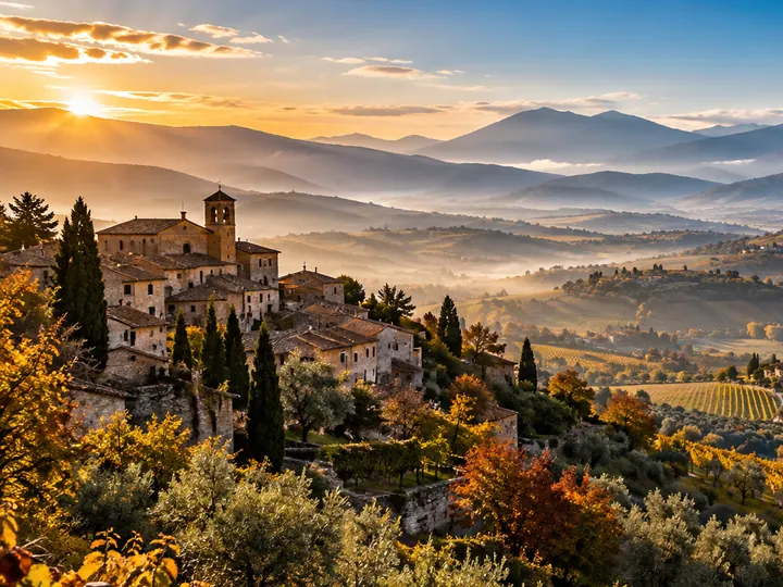 Un borgo sulle colline al tramonto