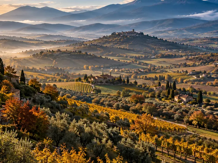 Campagna con ulivi e vigne al tramonto