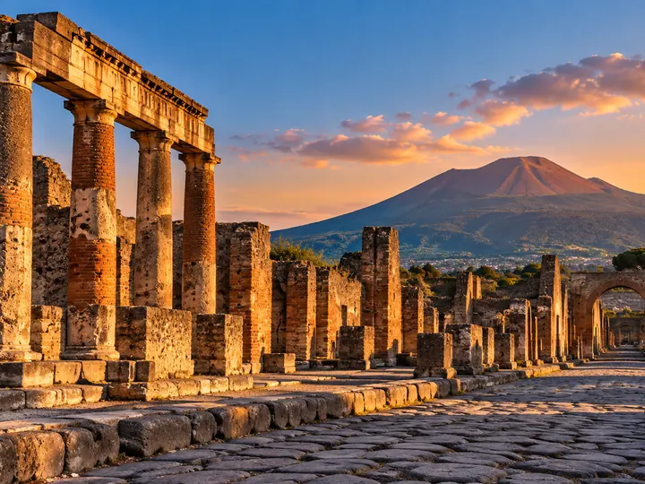 Le rovine di Pompei col Vesuvio sullo sfondo